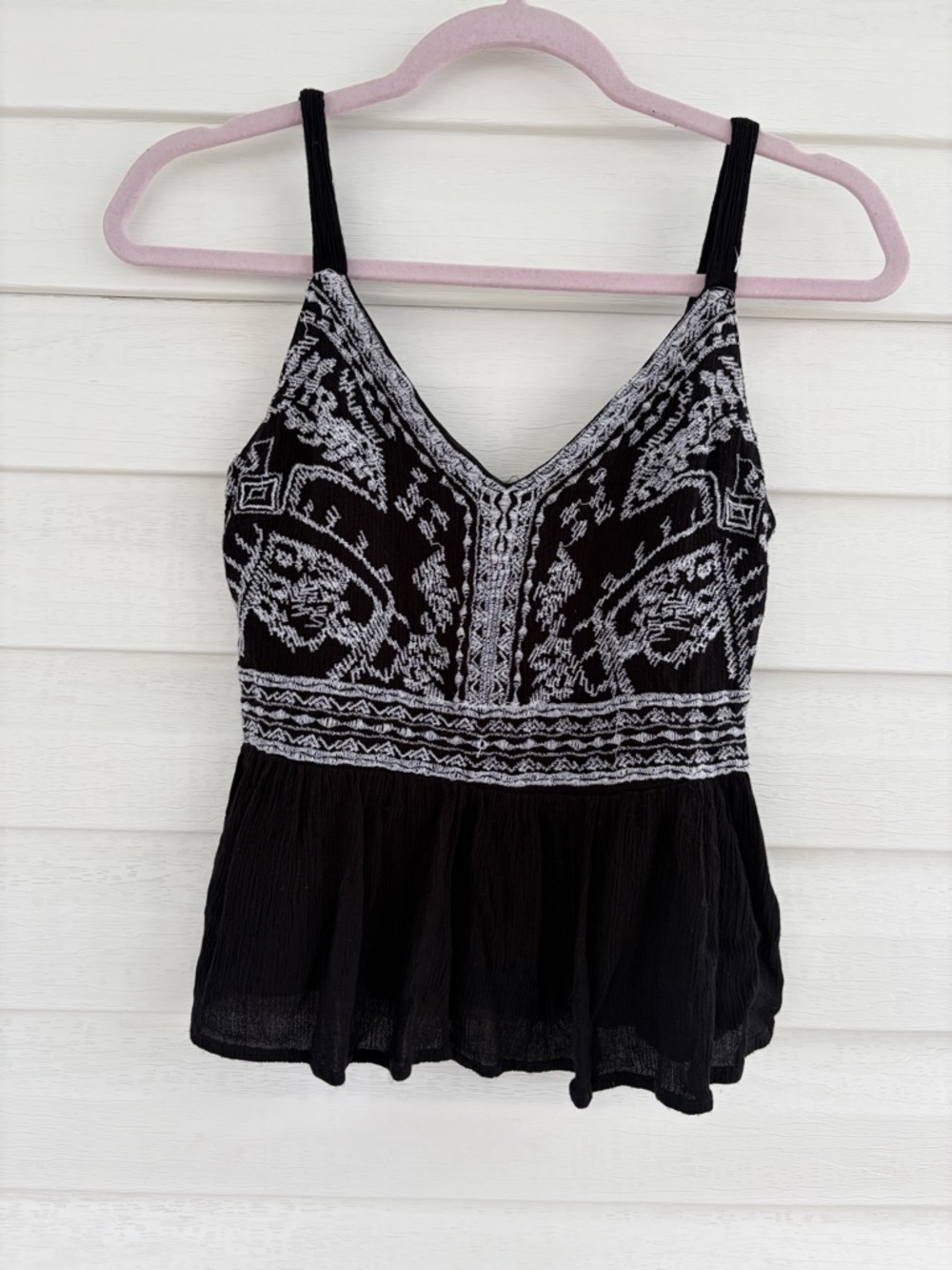 Black White Embroidered Babydoll Cami Boho Flowy Tank Top Feminine